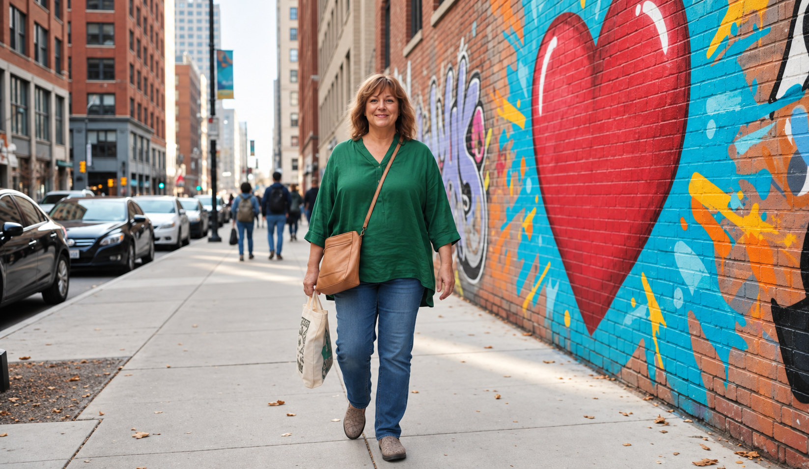 A woman walking through the city, smiling