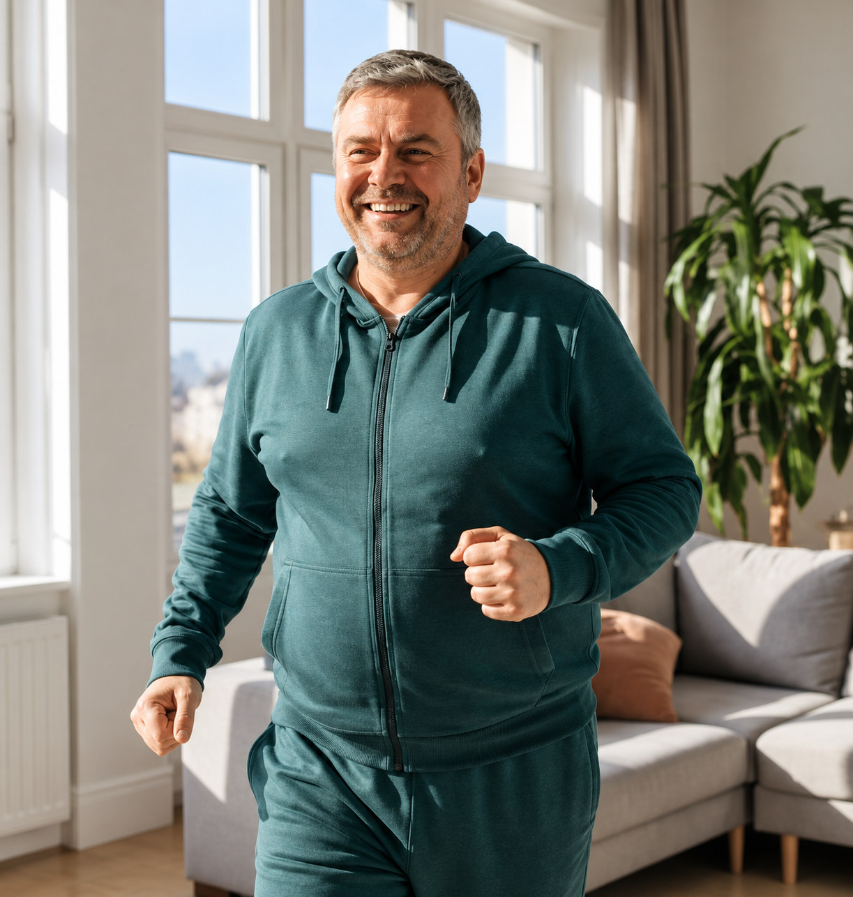 A man in his fifties, smiling, mid-stride at home