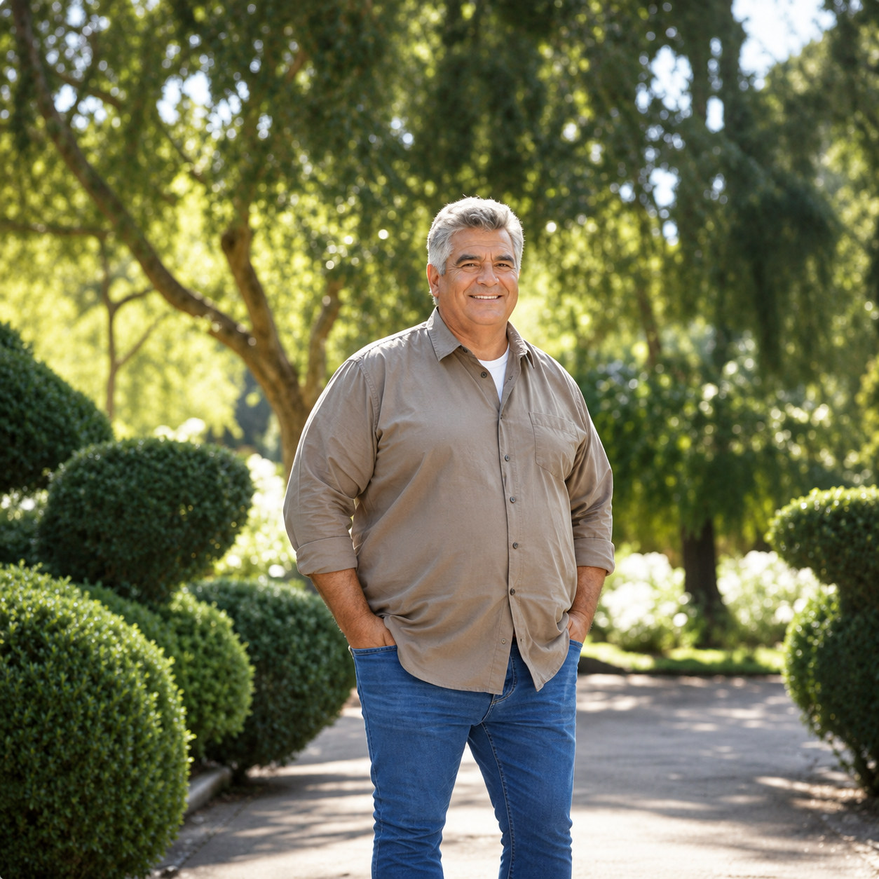 A man in his fifties standing in a sunlit garden