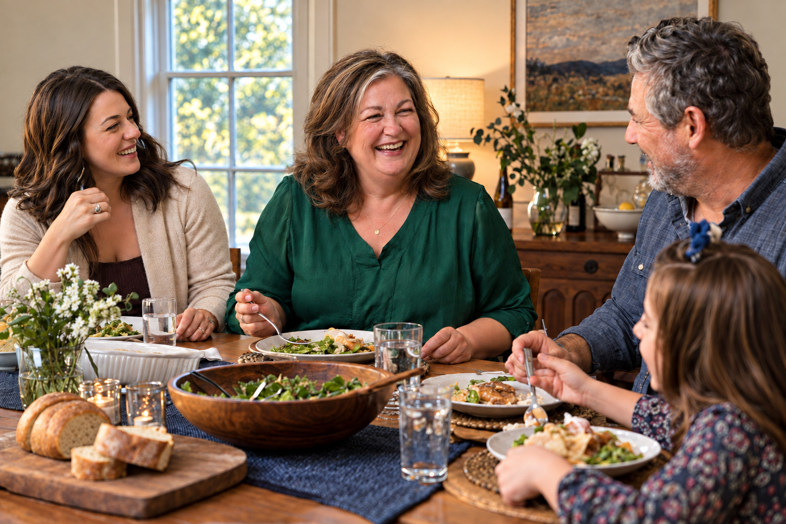 A woman laughing with her family around the dinner table